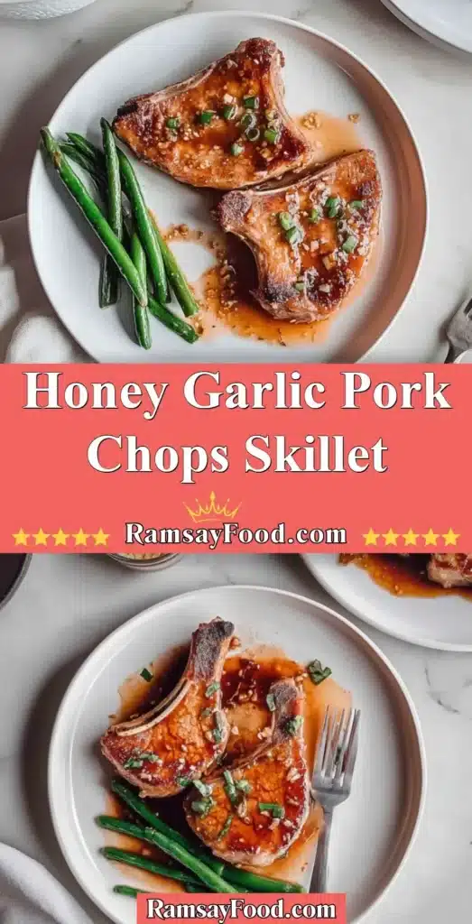 Delicious honey garlic pork chops cooked in a skillet garnished with herbs