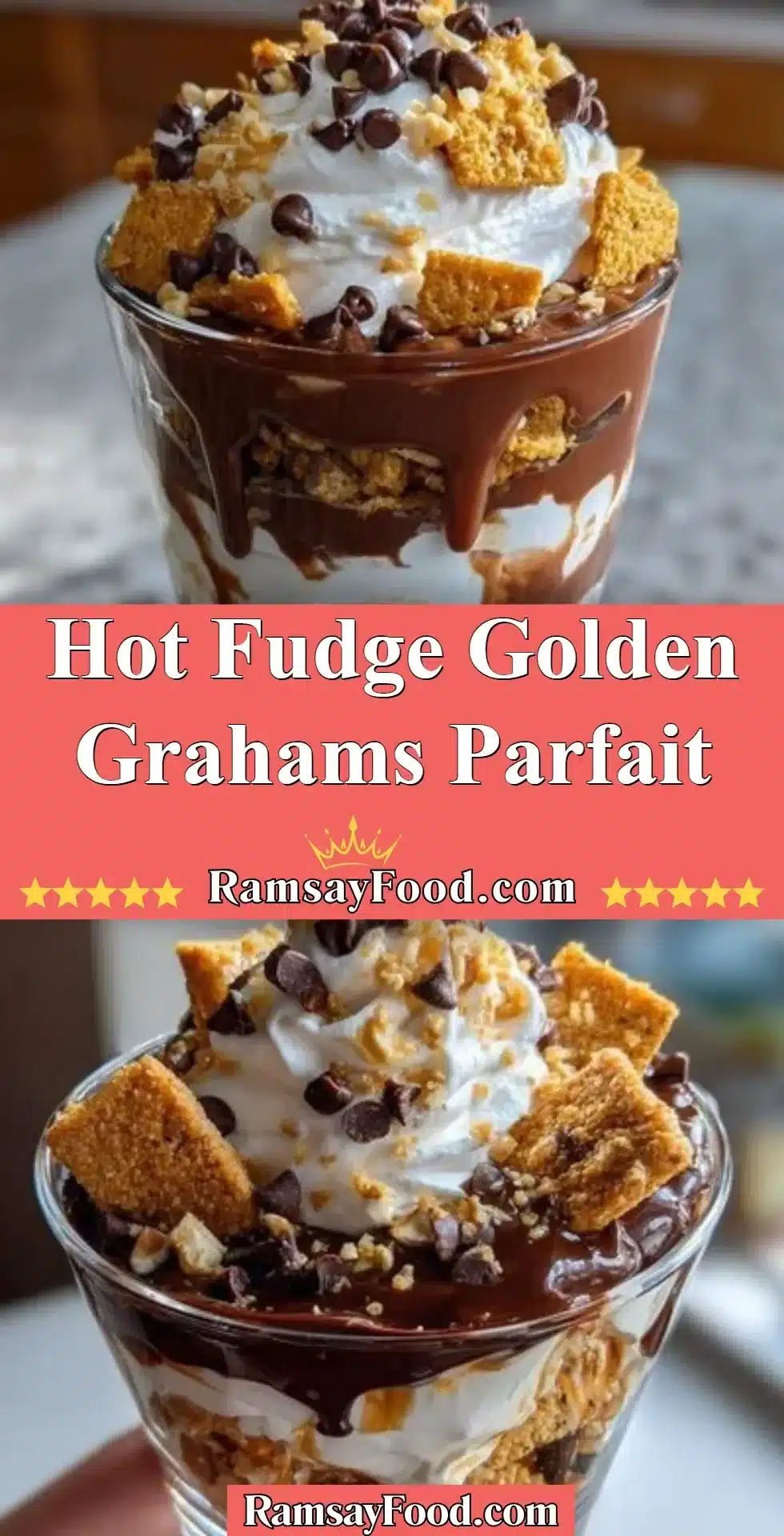 Delicious Hot Fudge Parfait layered with Golden Grahams for a sweet dessert.