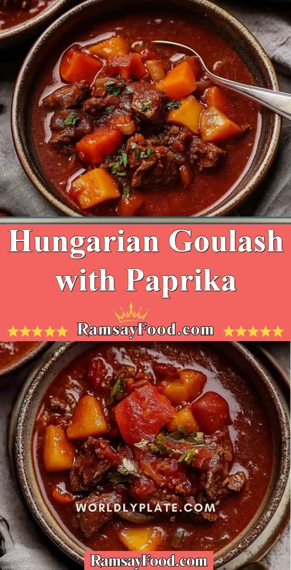 A bowl of delicious Hungarian Goulash with Paprika garnished with herbs.