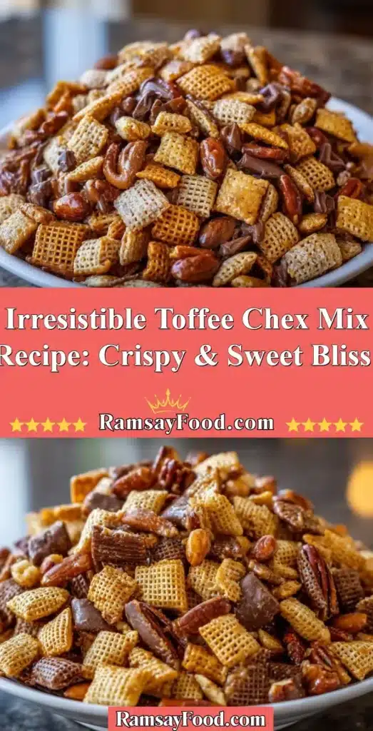 Delicious Toffee Chex Mix with crispy Chex cereal and sweet toffee coating.