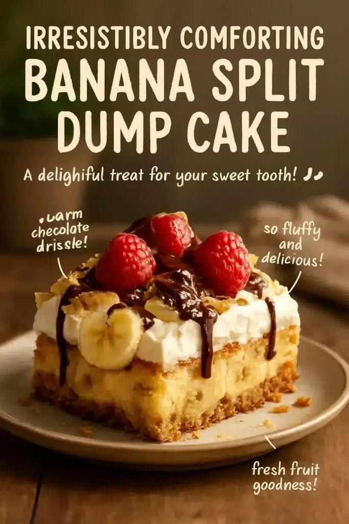 Delicious banana split dump cake topped with strawberries, bananas, and whipped cream