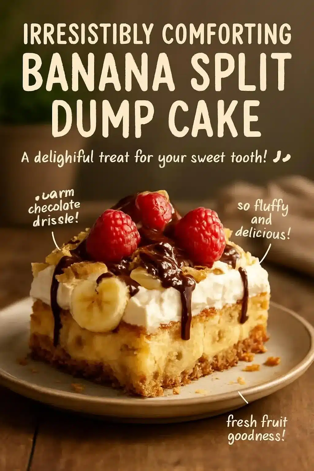 Delicious banana split dump cake topped with strawberries, bananas, and whipped cream