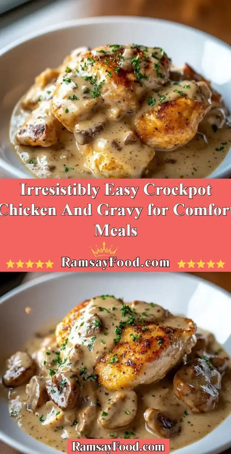 Easy crockpot chicken and gravy served on a plate for a comforting meal.
