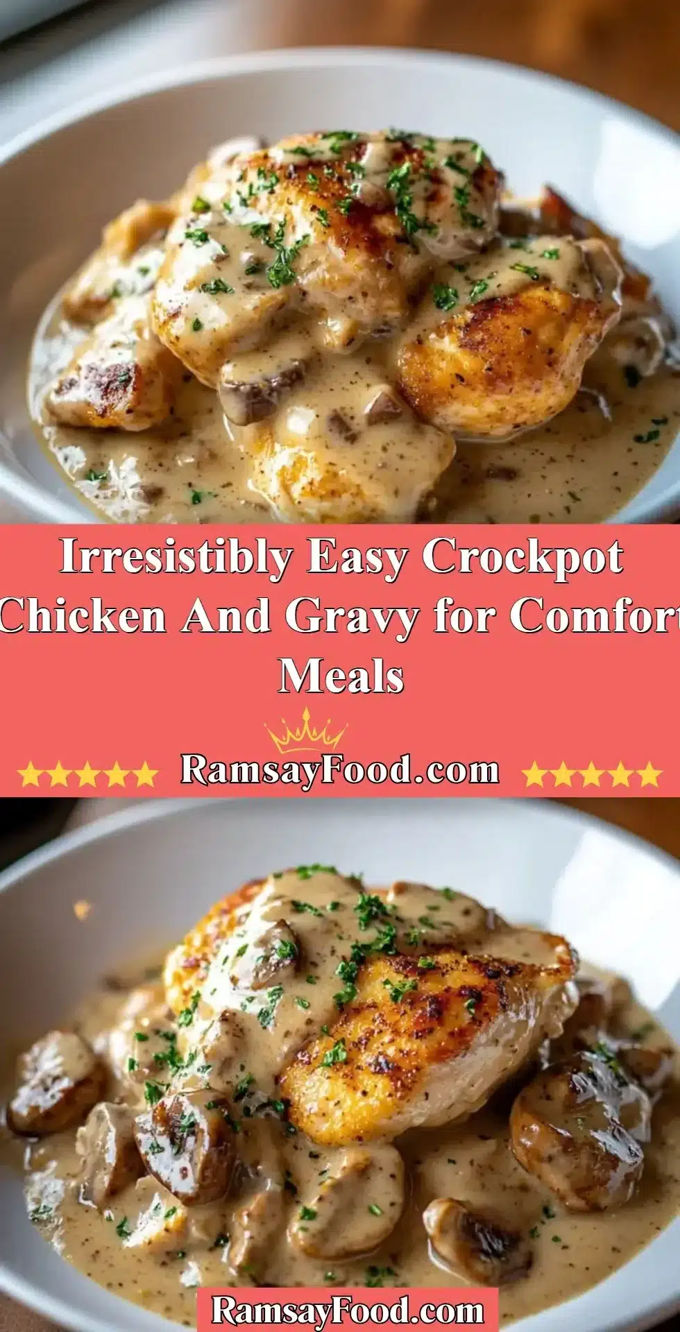 Easy crockpot chicken and gravy served on a plate for a comforting meal.
