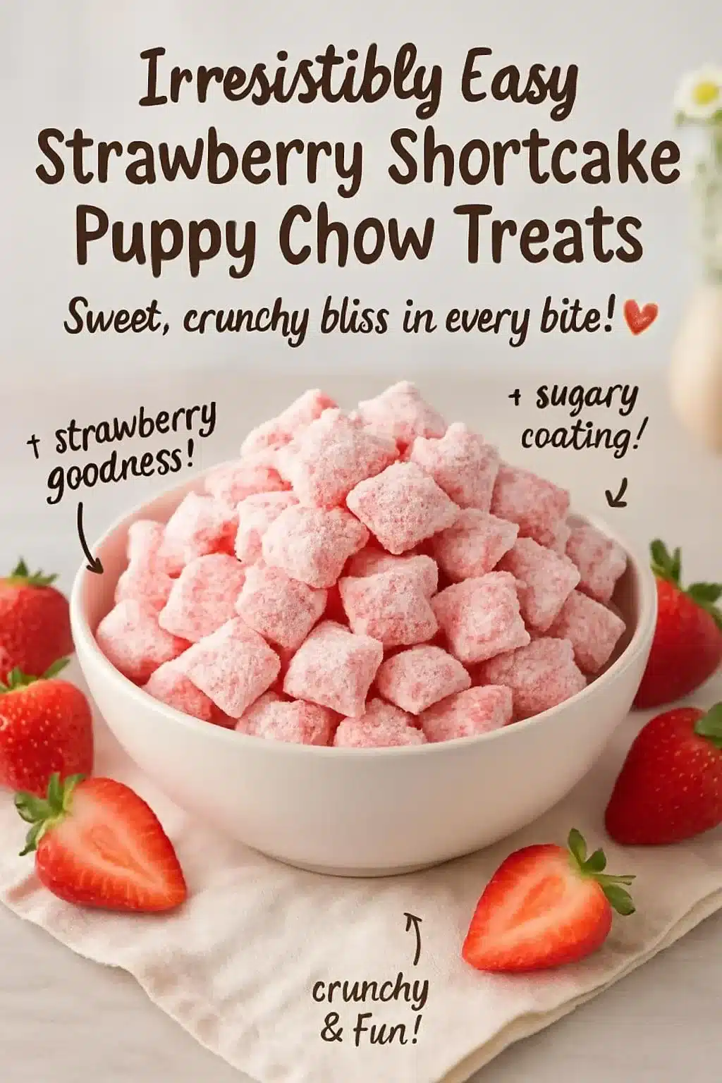 Easy strawberry shortcake puppy chow treats on a table