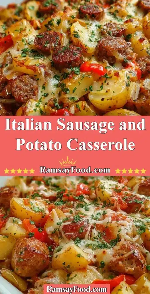 Italian Sausage and Potato Casserole served in a baking dish.