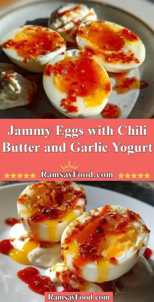 Jammy eggs served with chili butter and garlic yogurt on a plate