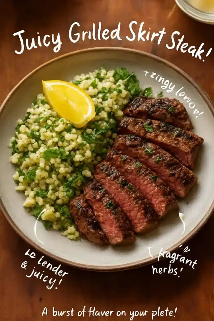 Juicy grilled skirt steak served with lemon herb couscous on a rustic plate.