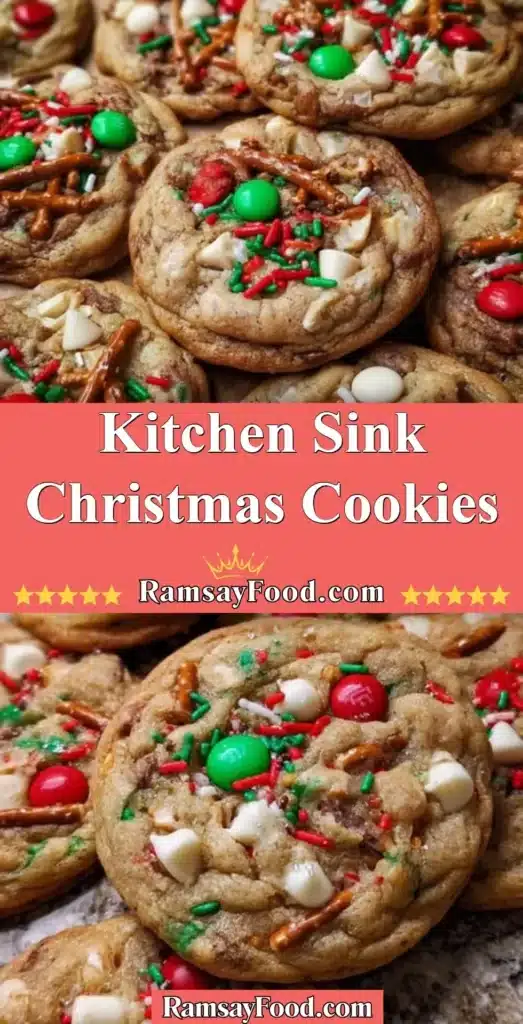 Delicious Kitchen Sink Christmas Cookies loaded with festive ingredients.