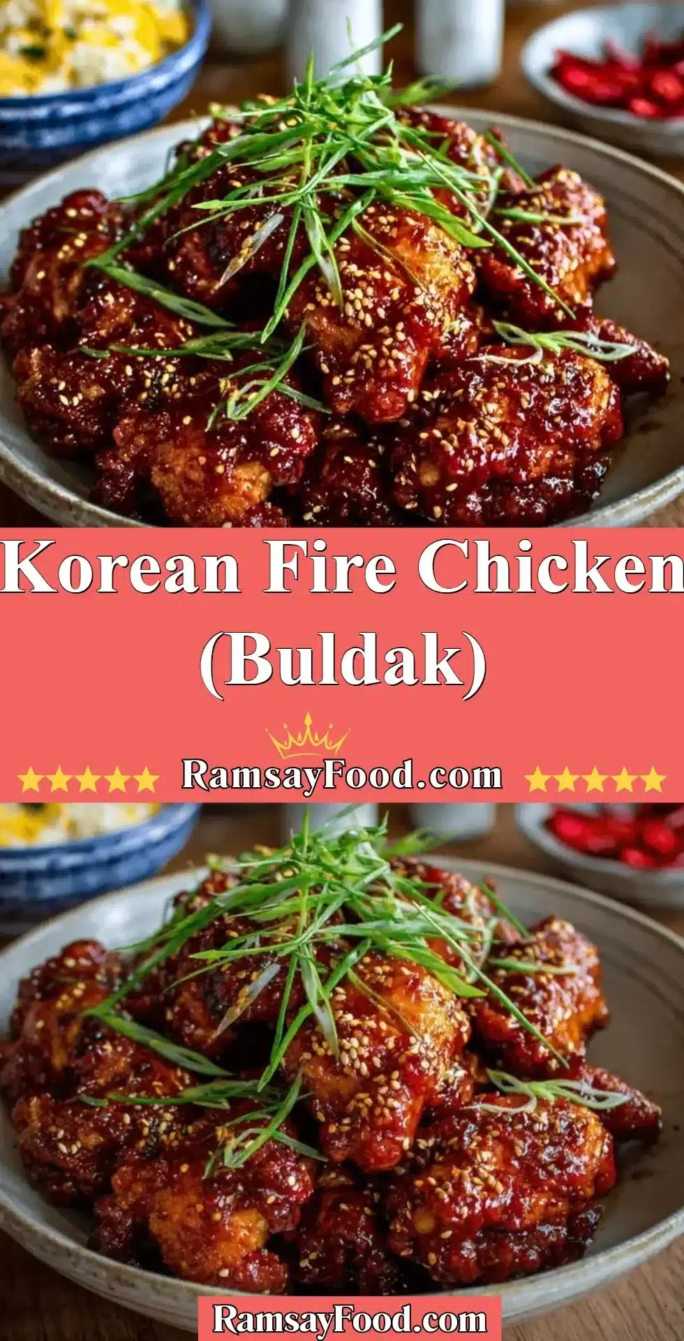 Delicious Korean Fire Chicken (Buldak) served with vibrant vegetables and spicy sauce.
