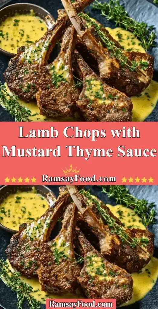 Plated lamb chops drizzled with mustard thyme sauce, garnished with herbs