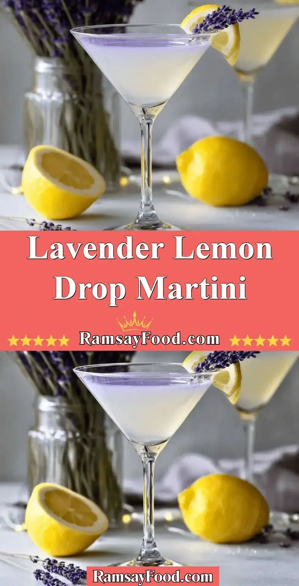 Lavender Lemon Drop Martini 2 Lavender Lemon Drop Martini garnished with lemon and lavender sprigs