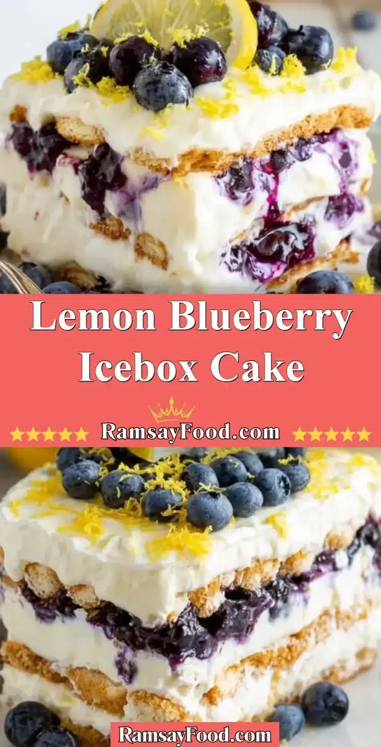 Slice of Lemon Blueberry Icebox Cake topped with fresh blueberries and lemon zest