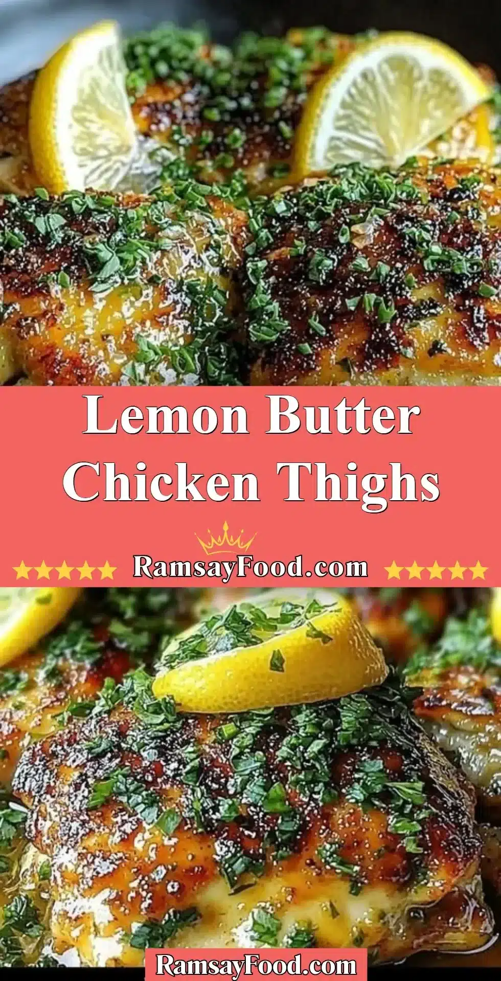 Lemon Butter Chicken Thighs 2 A plate of lemon butter chicken thighs garnished with fresh herbs