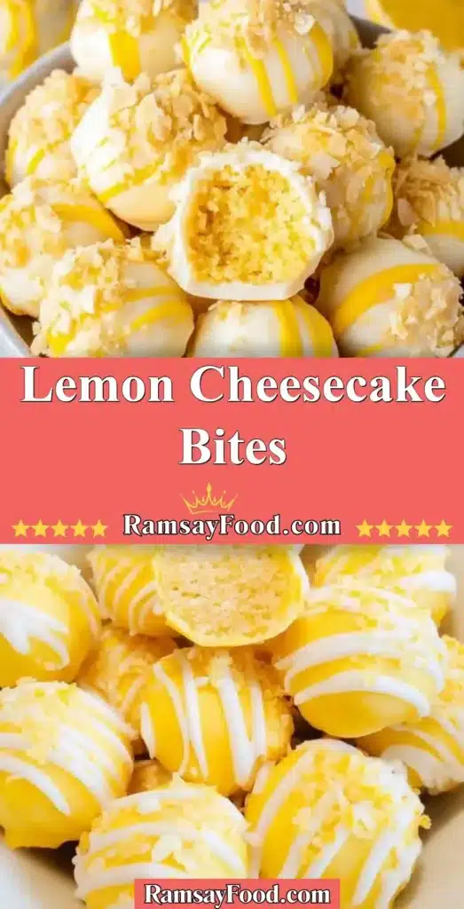Lemon cheesecake bites served on a white plate with fresh lemon slices.