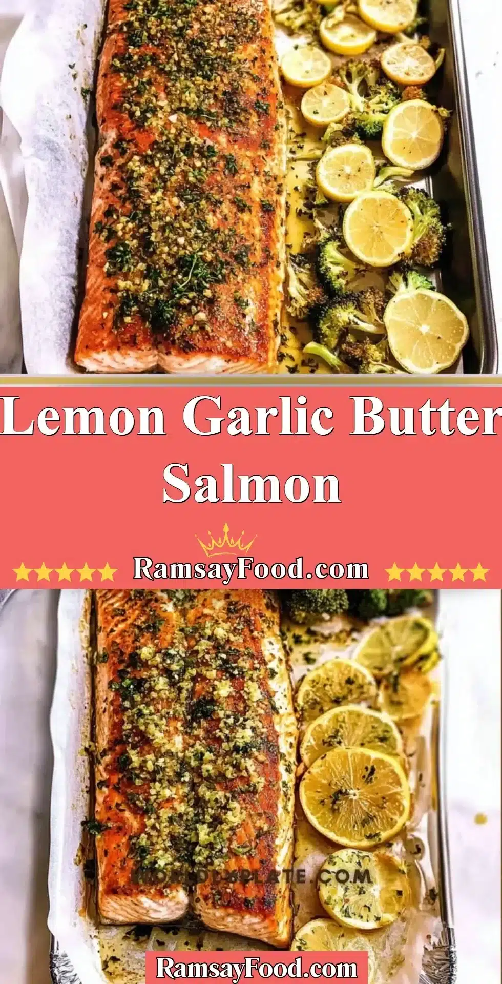 Lemon Garlic Butter Salmon 2 Cooked Lemon Garlic Butter Salmon served on a plate with lemon slices.