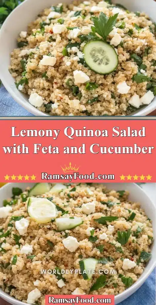 Lemony quinoa salad with feta cheese and cucumber on a plate