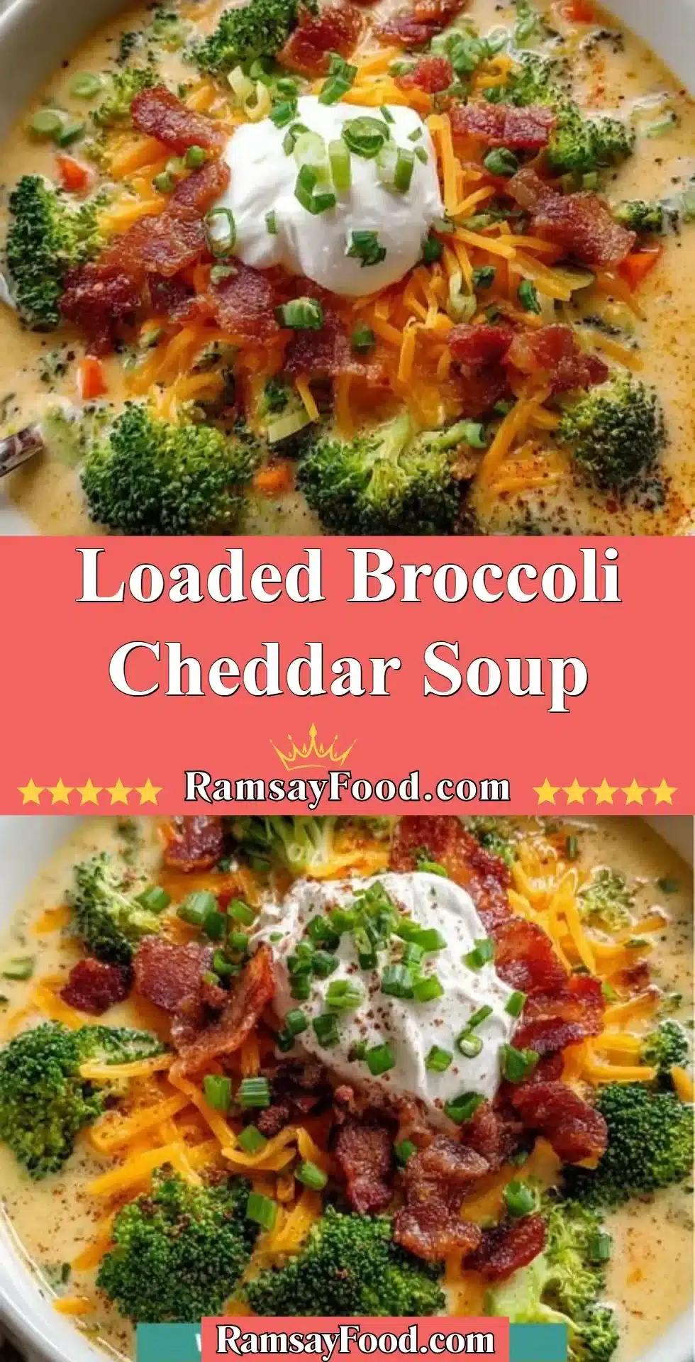 Loaded Broccoli Cheddar Soup 2 Bowl of loaded broccoli cheddar soup topped with cheese and fresh herbs