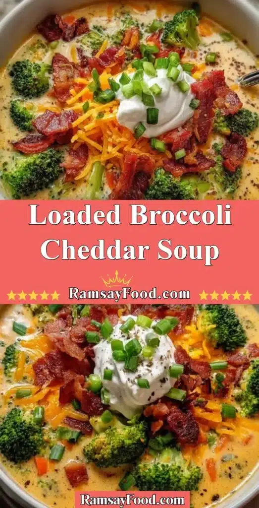 Delicious loaded broccoli cheddar soup garnished with cheese and broccoli