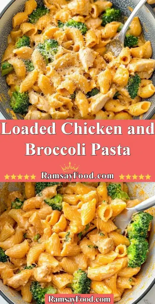 Loaded Chicken and Broccoli Pasta served in a bowl with fresh ingredients