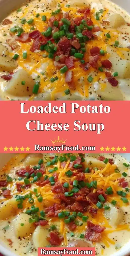 Bowl of loaded potato cheese soup topped with bacon and green onions