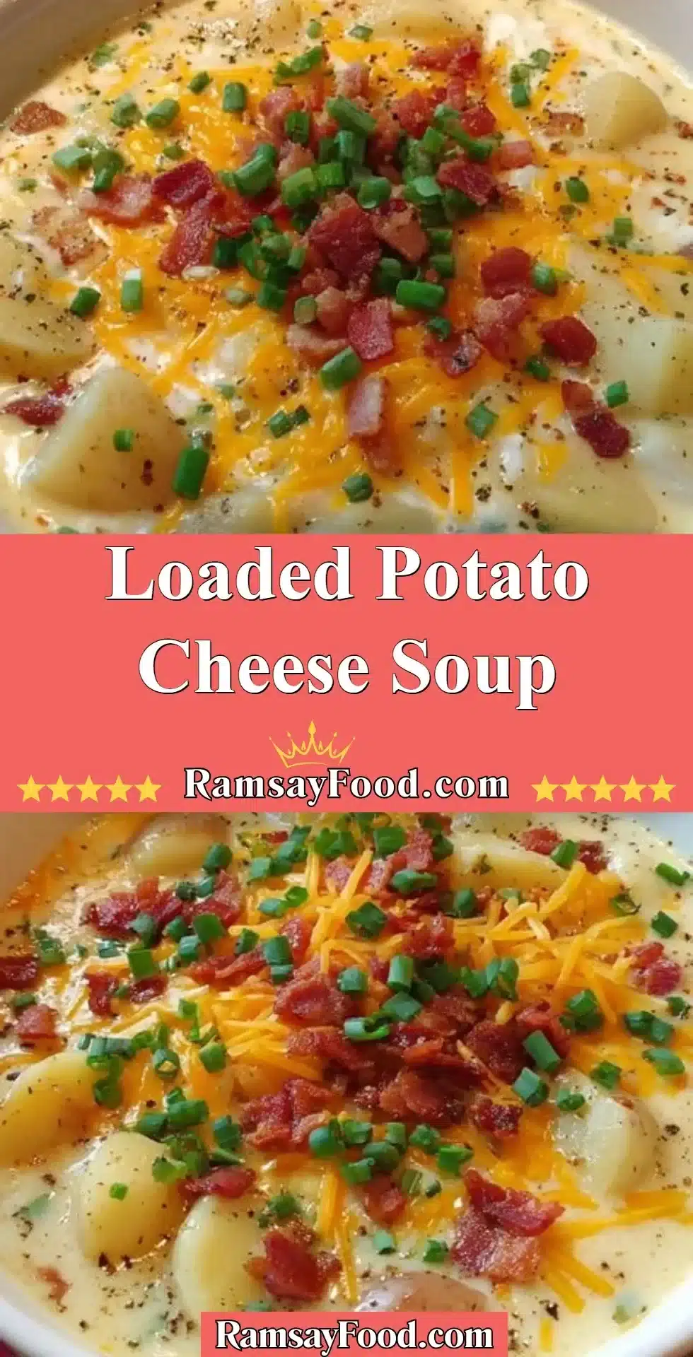 Loaded Potato Cheese Soup 2 Bowl of loaded potato cheese soup topped with bacon and green onions