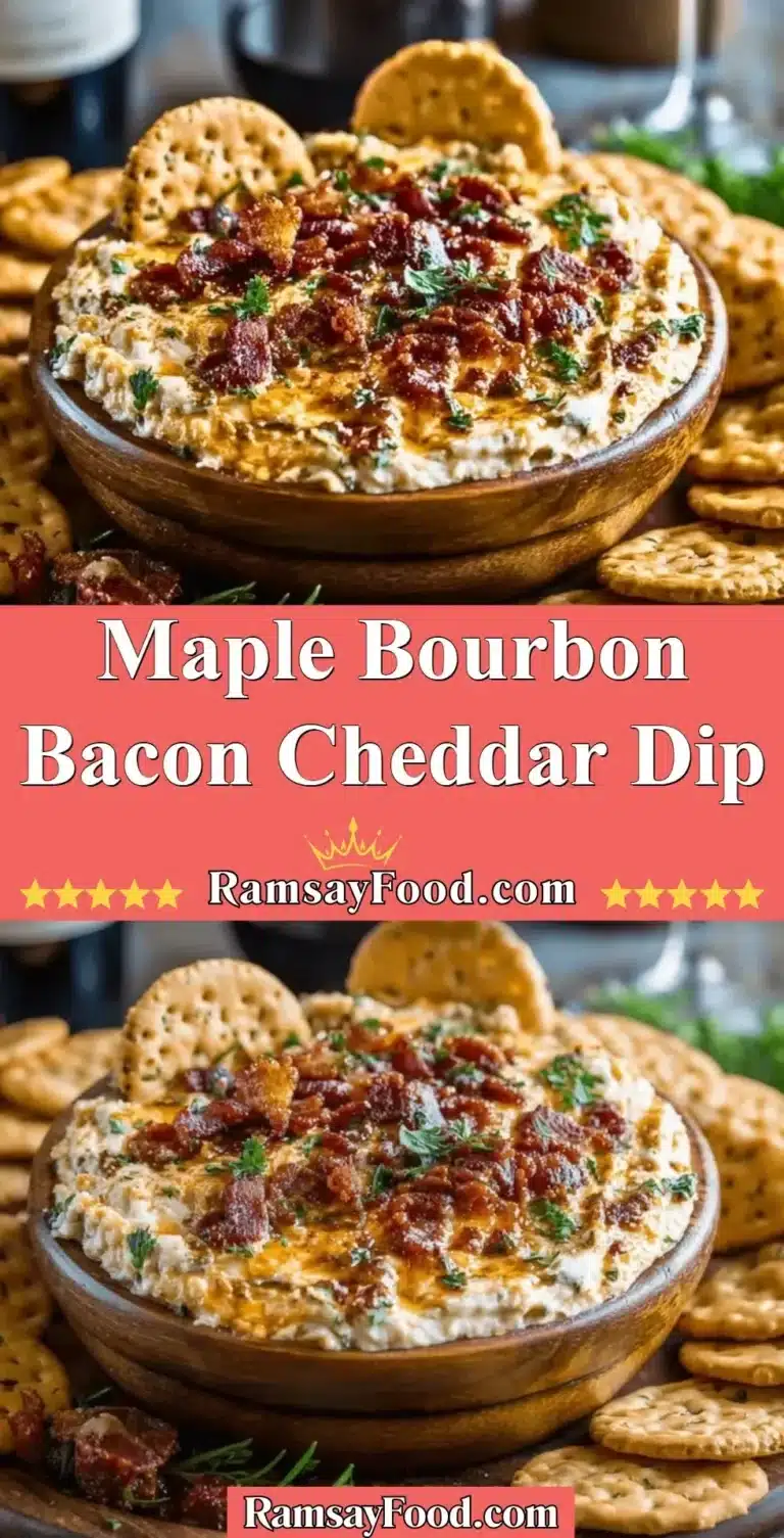 Maple Bourbon Bacon Cheddar Dip 9 Creamy maple bourbon bacon cheddar dip served in a bowl with crackers.