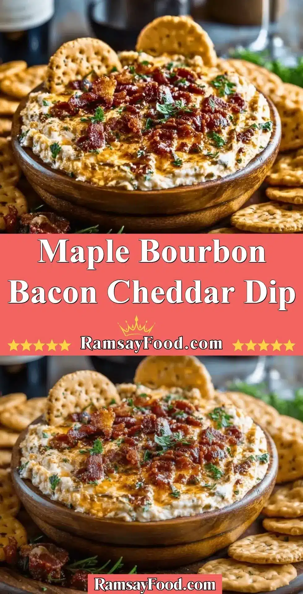 Creamy maple bourbon bacon cheddar dip served in a bowl with crackers.