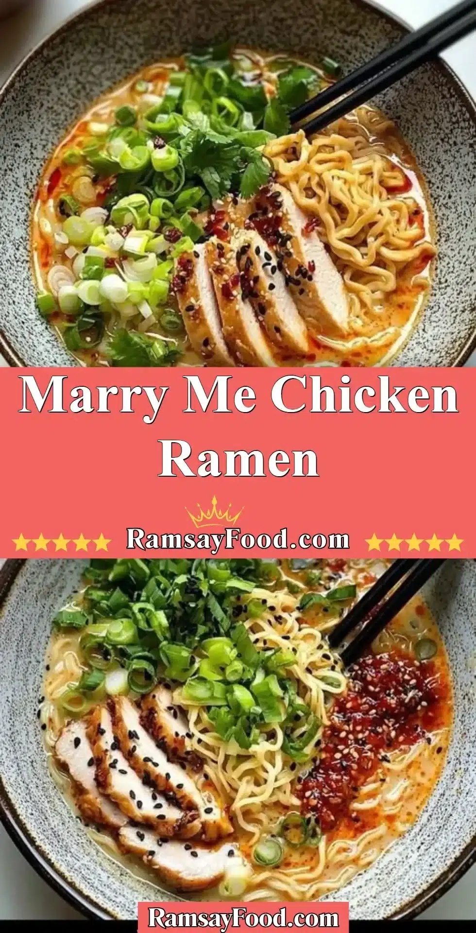 Marry Me Chicken Ramen 2 Delicious bowl of Marry Me Chicken Ramen topped with herbs and spices.