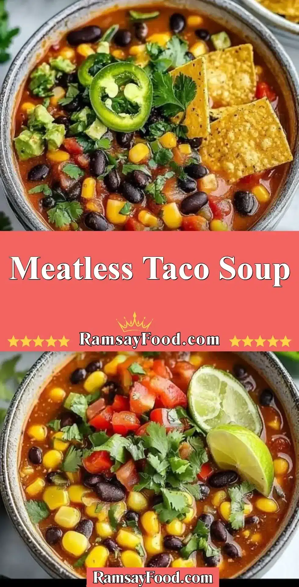 Meatless Taco Soup 2 Delicious bowl of meatless taco soup topped with fresh cilantro and lime