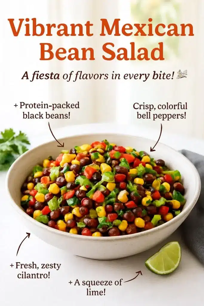 Colorful Mexican Bean Salad with beans, corn, peppers, and dressing.