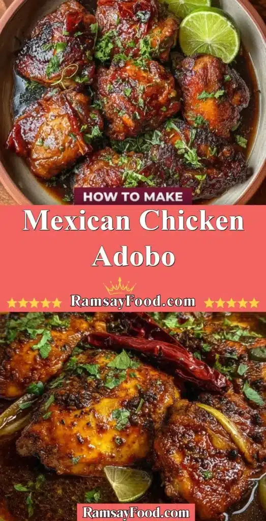 Delicious plate of Mexican Chicken Adobo served with rice and garnished.