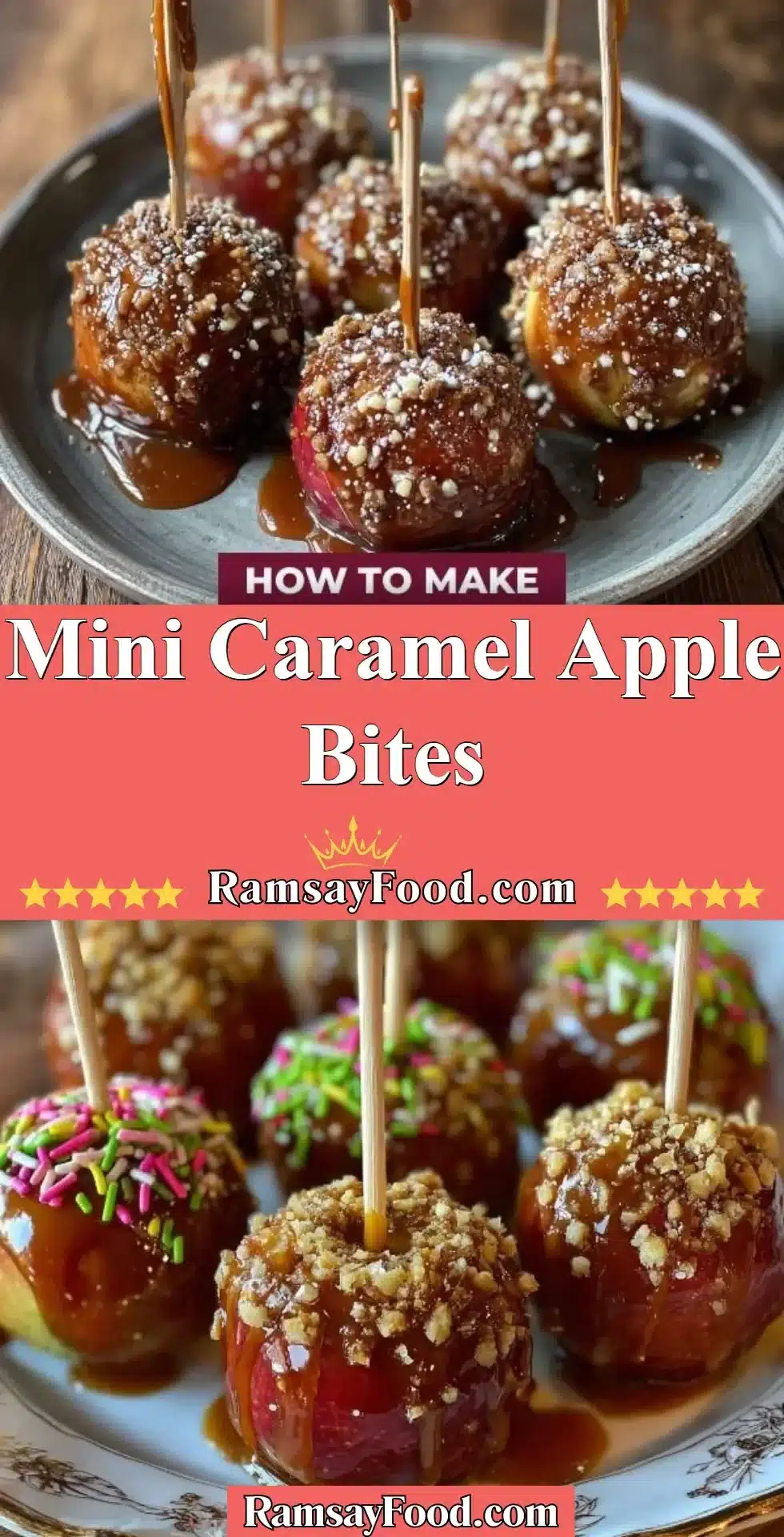 Mini Caramel Apple Bites 2 Mini caramel apple bites on a plate, perfect for snacking or parties.
