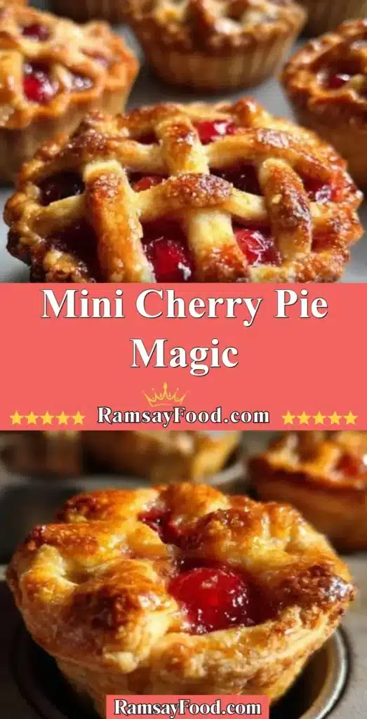 Freshly baked mini cherry pies on a rustic wooden table