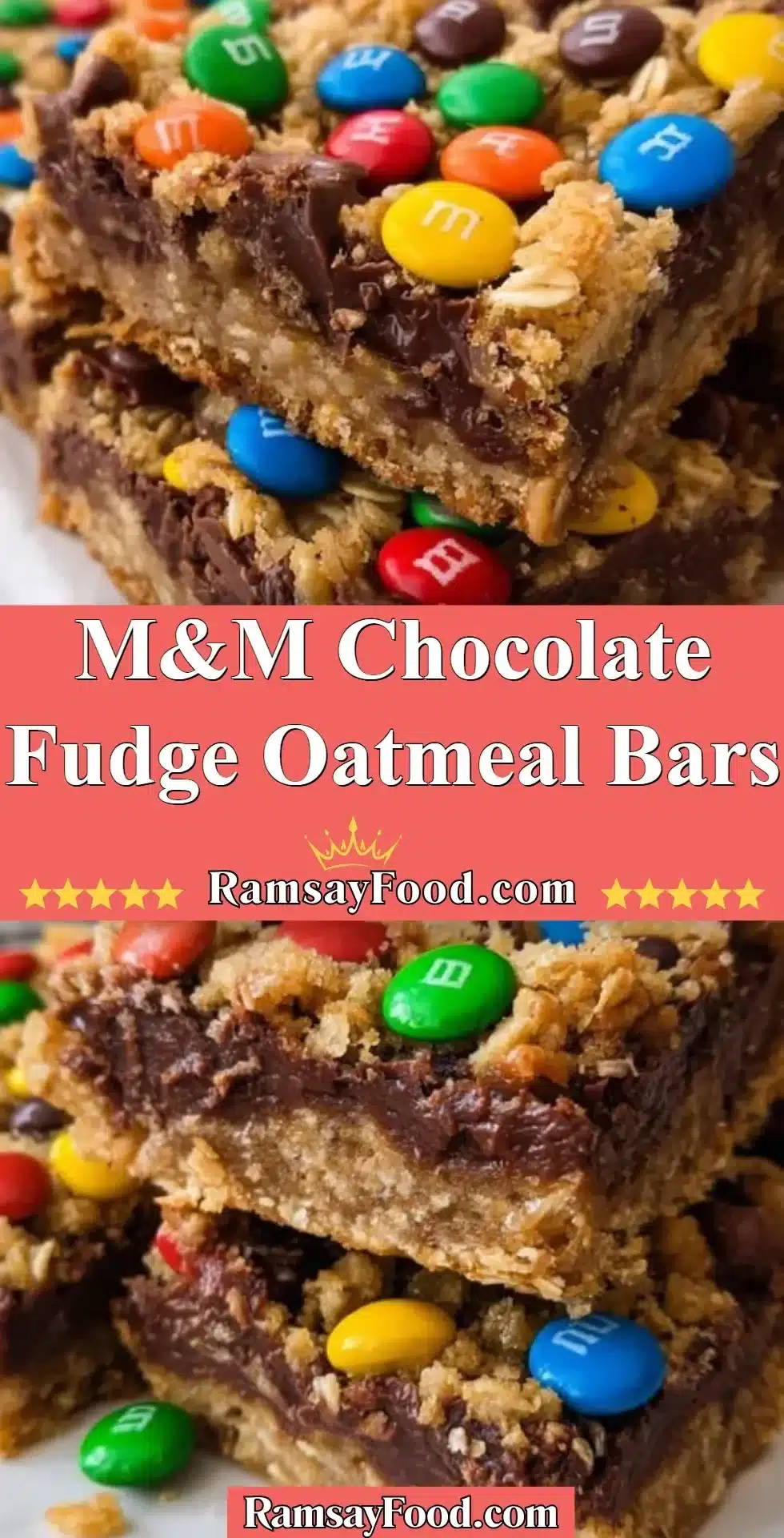 M&M Chocolate Fudge Oatmeal Bars 2 M&M Chocolate Fudge Oatmeal Bars with colorful chocolate candies