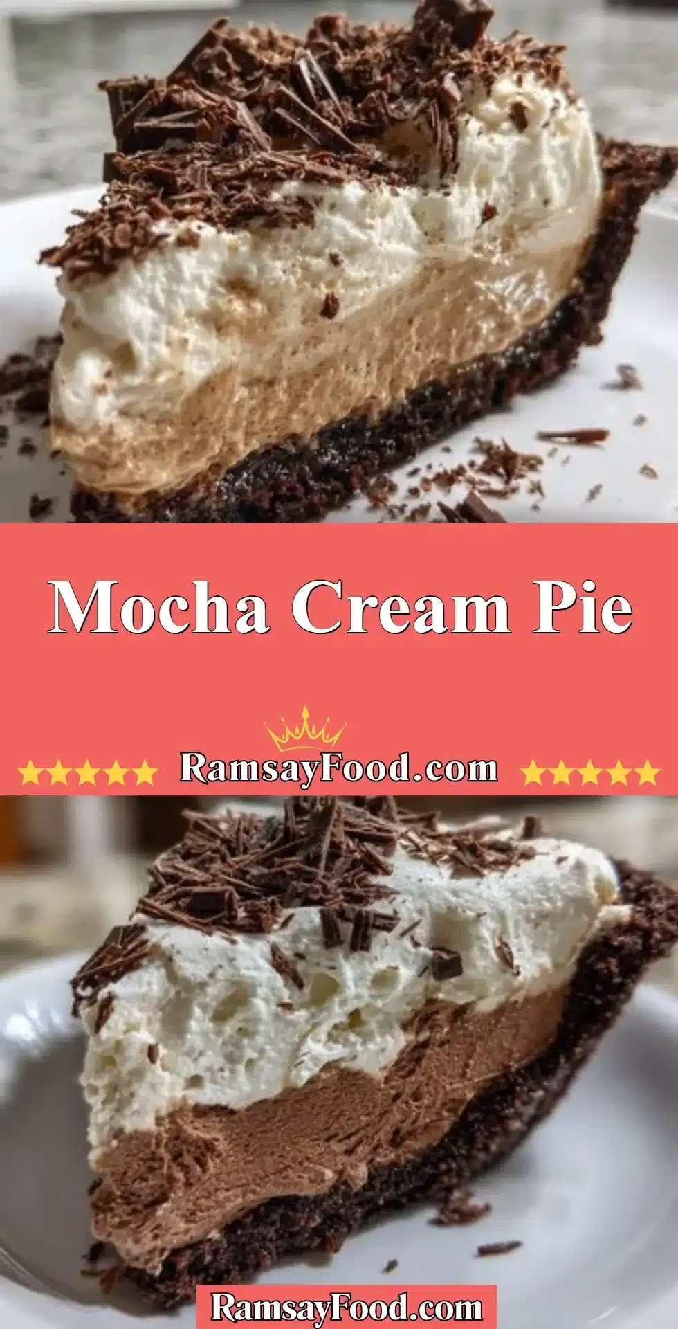 Mocha Cream Pie 2 Delicious mocha cream pie topped with whipped cream and cocoa powder.