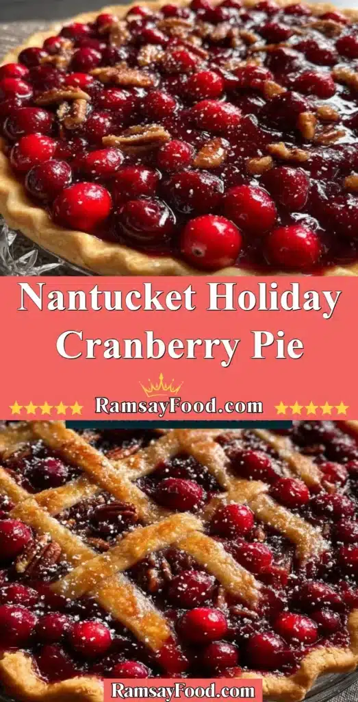 A delicious slice of Nantucket Holiday Cranberry Pie with festive decor.