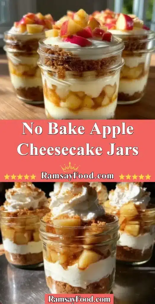 No bake apple cheesecake jars layered with cream and apples