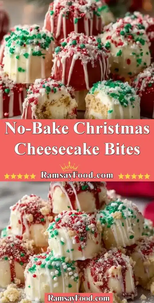No-Bake Christmas Cheesecake Bites topped with festive decorations