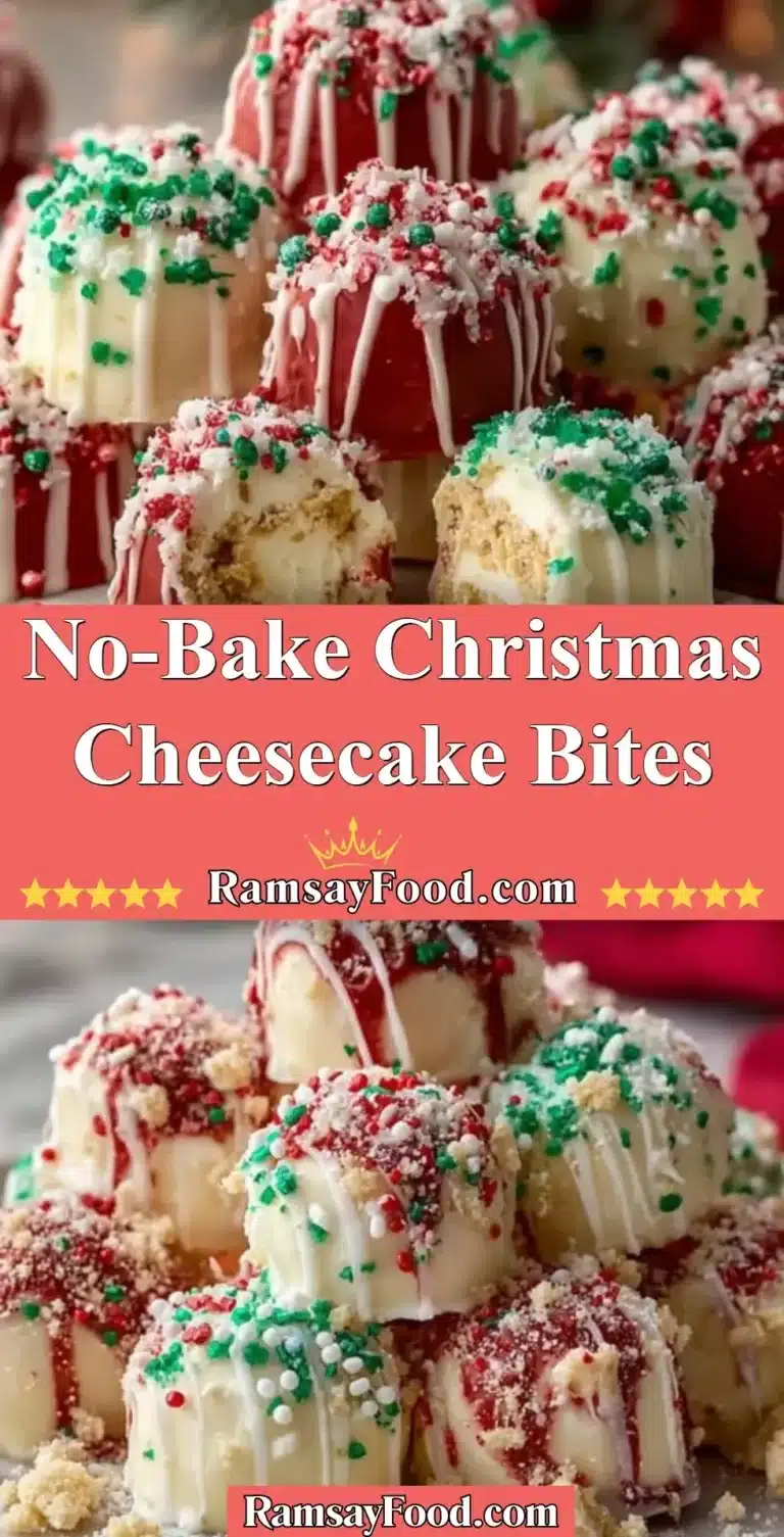 No-Bake Christmas Cheesecake Bites topped with festive decorations