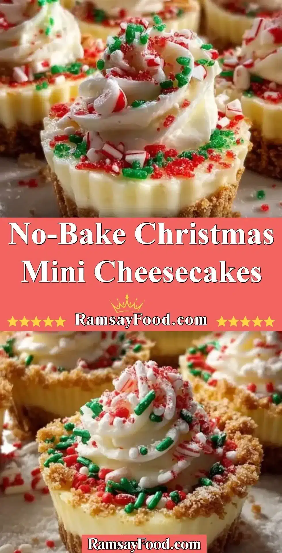 No-bake Christmas mini cheesecakes decorated with festive toppings
