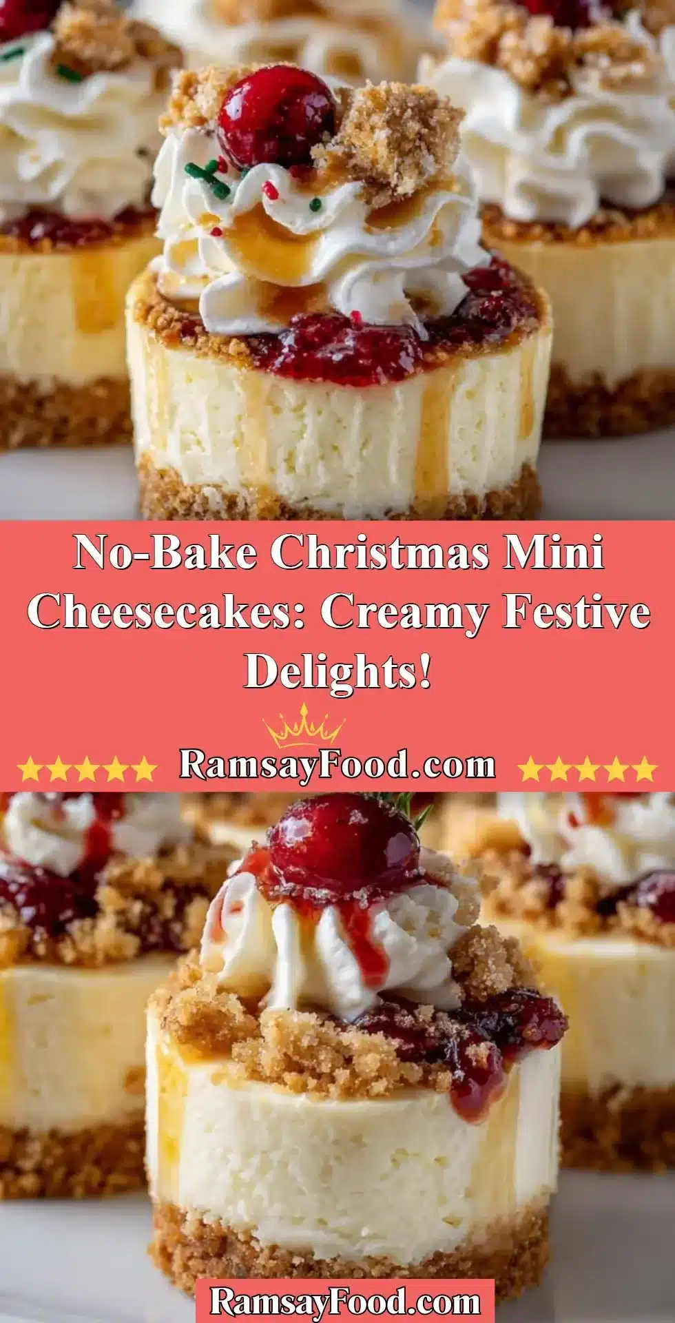 No-bake mini cheesecakes decorated for Christmas, showcasing creamy festive delights.