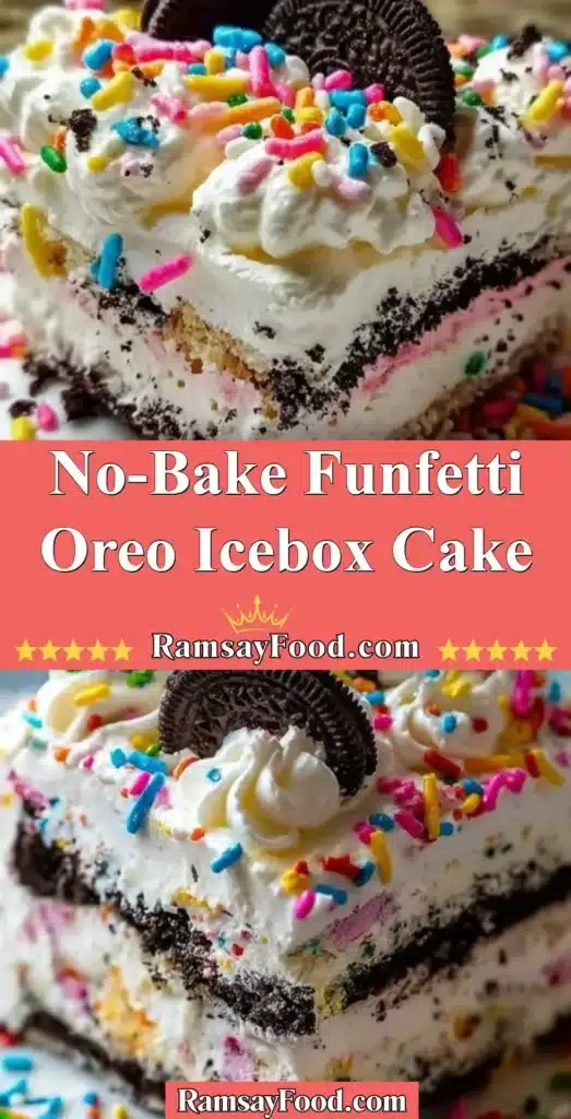 No-Bake Funfetti Oreo Icebox Cake topped with colorful sprinkles and Oreos