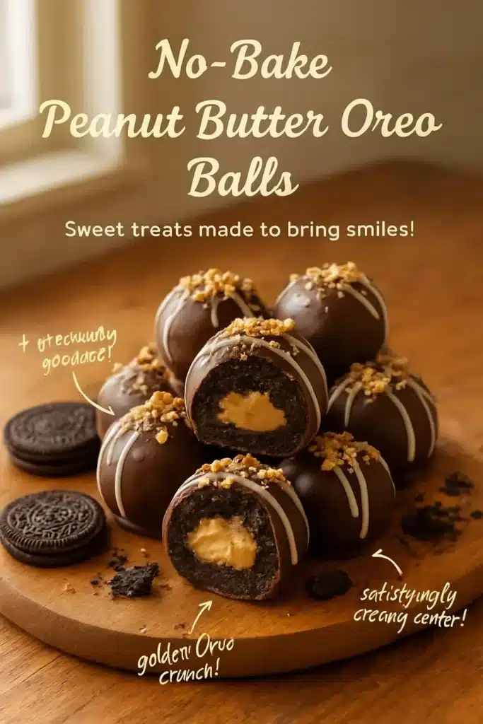 No-bake peanut butter Oreo balls made with crushed Oreos and creamy peanut butter