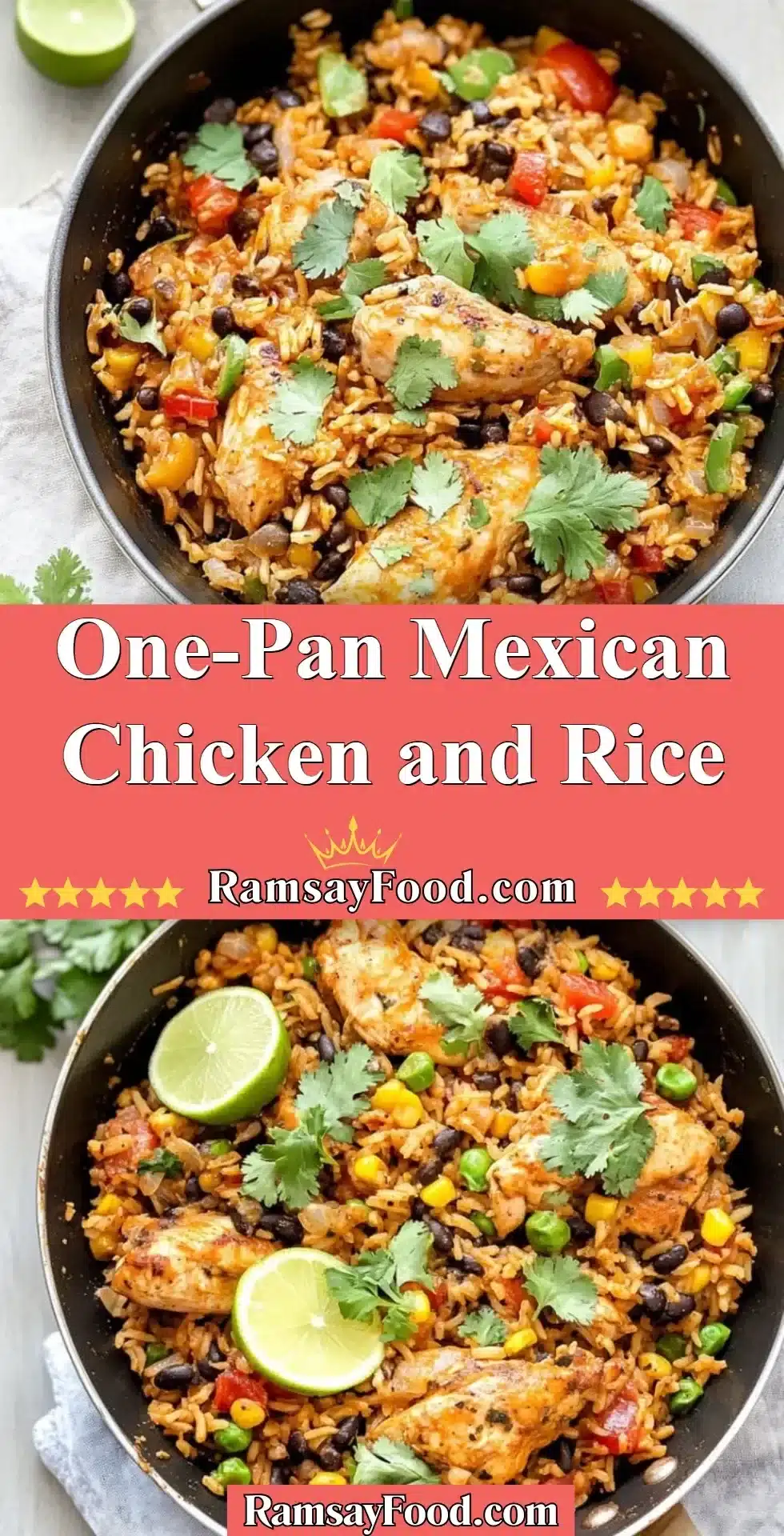 Delicious One-Pan Mexican Chicken with rice served with fresh vegetables