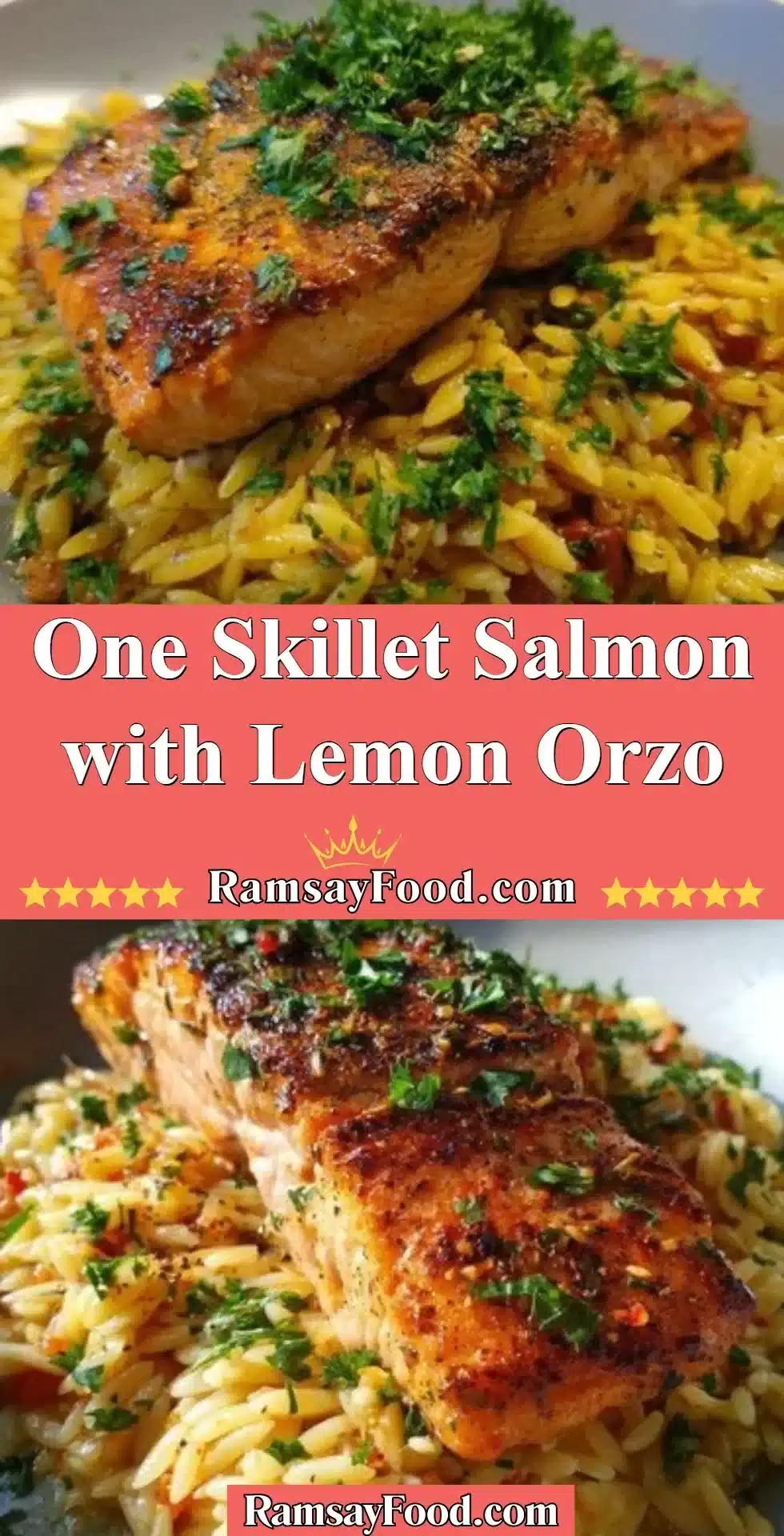 One skillet salmon dish served with lemon orzo.
