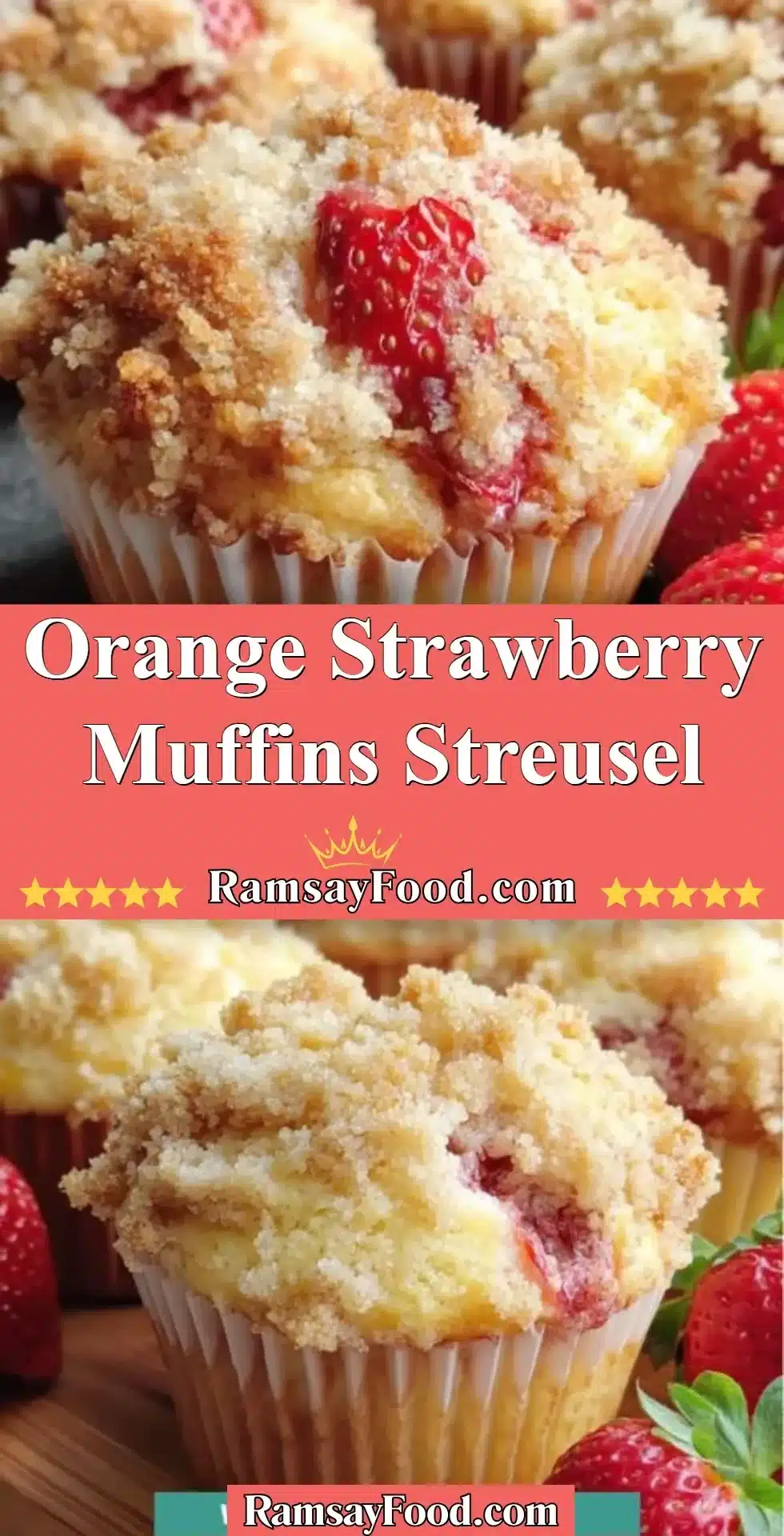 Freshly baked orange strawberry muffins with streusel topping on a cooling rack.