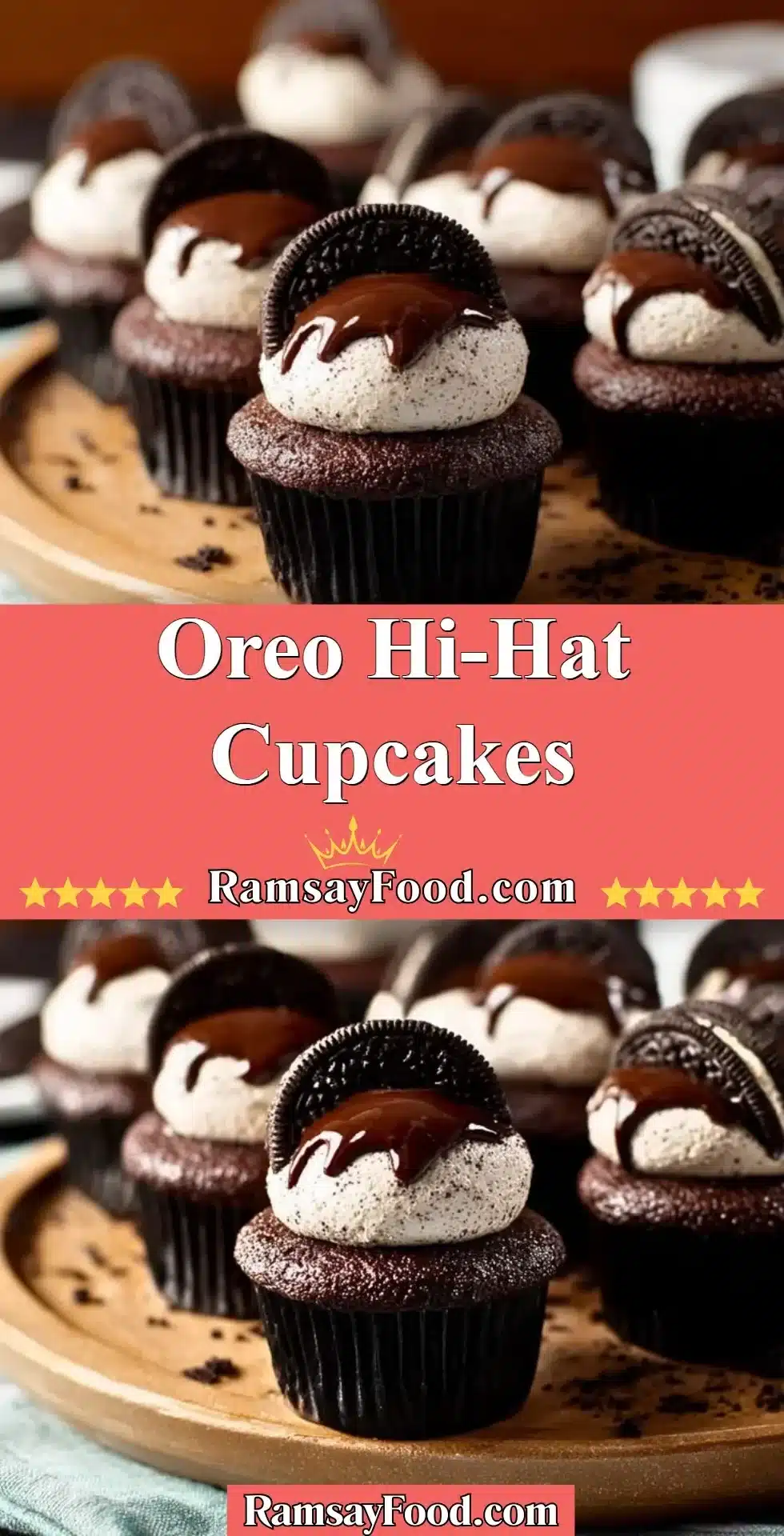 Oreo Hi-Hat Cupcakes with chocolate frosting and Oreo cookie topping