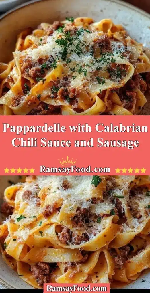 Plate of Pappardelle pasta with Calabrian chili sauce and sausage