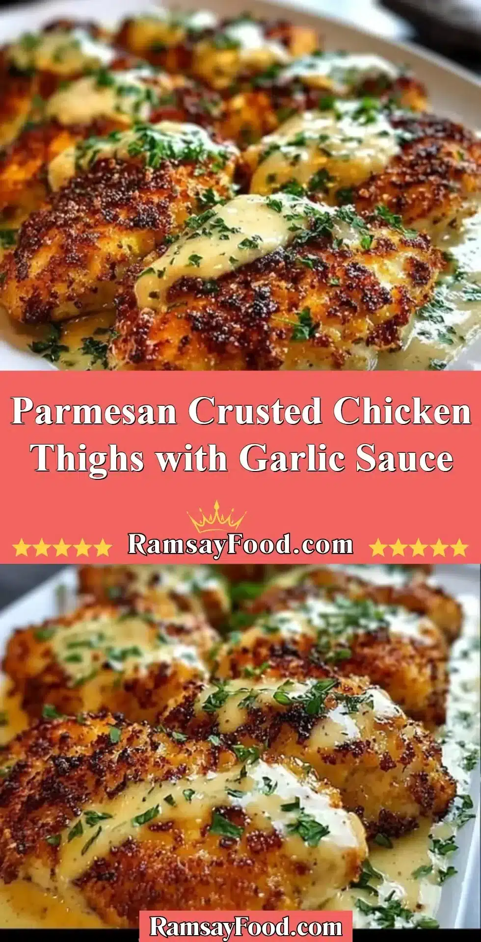 Delicious Parmesan Crusted Chicken Thighs drizzled with garlic sauce